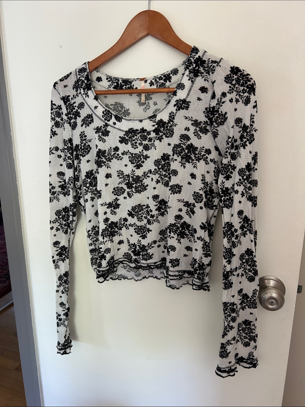 Free People White Long-Sleeve Floral Scoop Neck Top